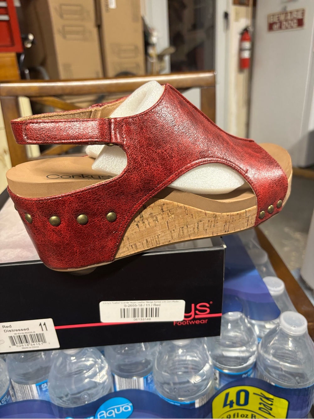 Corkys Red Distressed Leather Cork Wedge Sandals